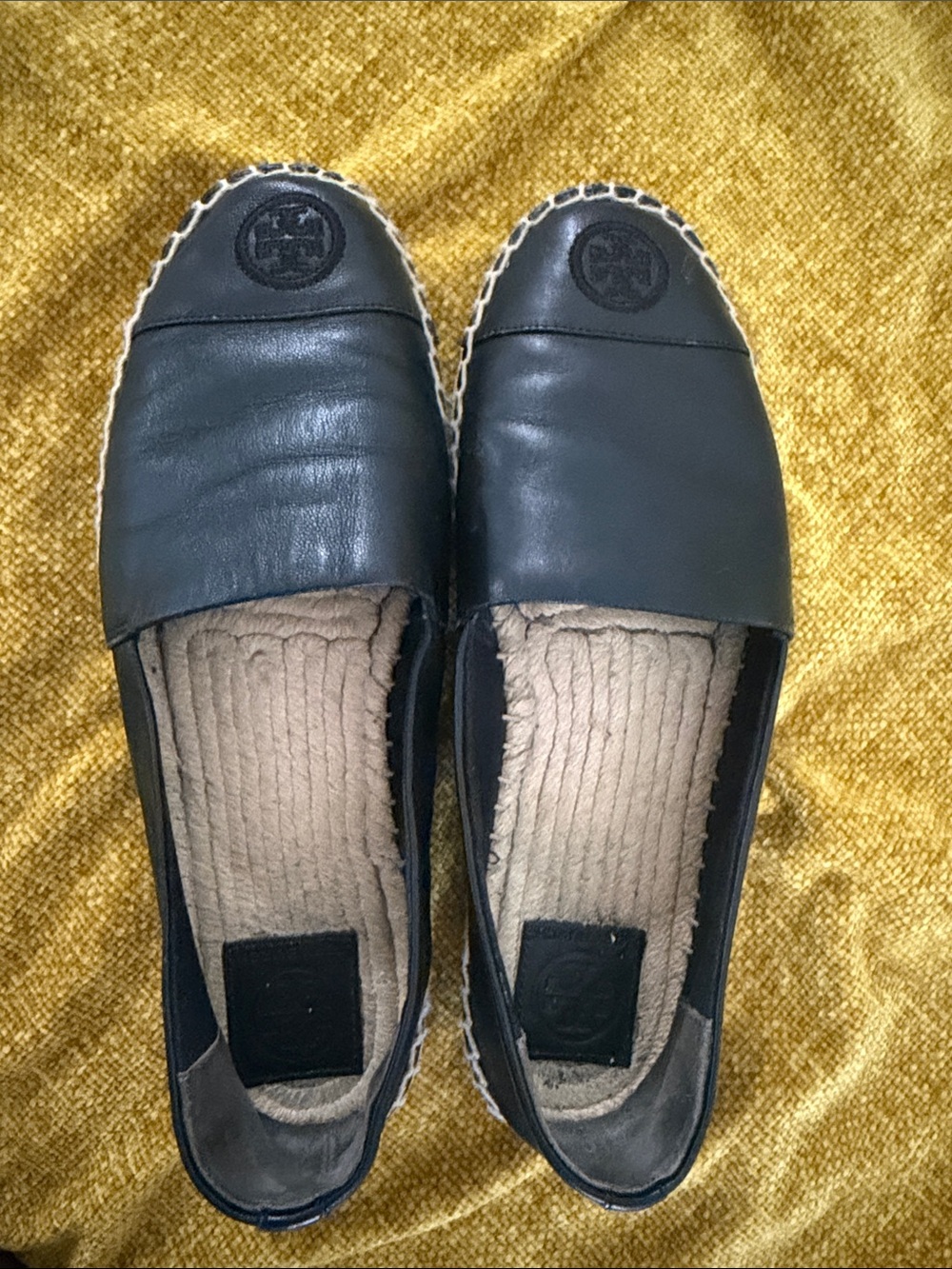 Tory Burch Black Leather Espadrille Slip-Ons with Logo Cap